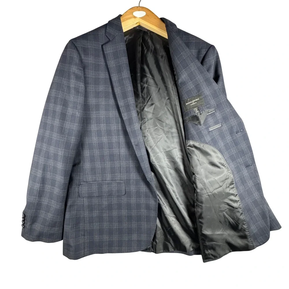 Banana Republic Suit Men 46R 36x32 Blue Plaid New Wool Blend Tailored Fit 2pc